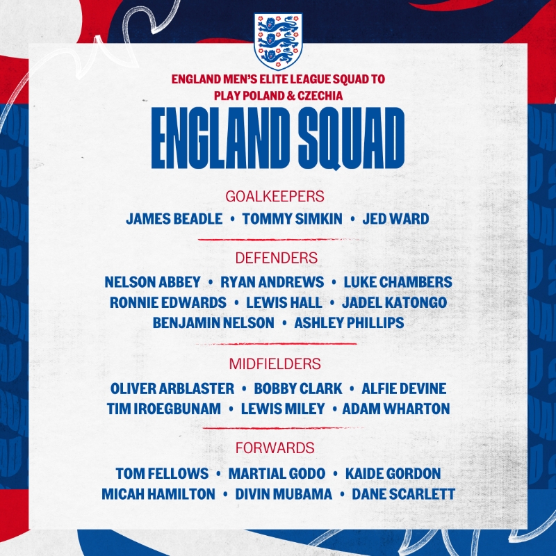 英格兰U20名单：卢克钱伯斯、凯德戈登、克拉克、霍尔在列
