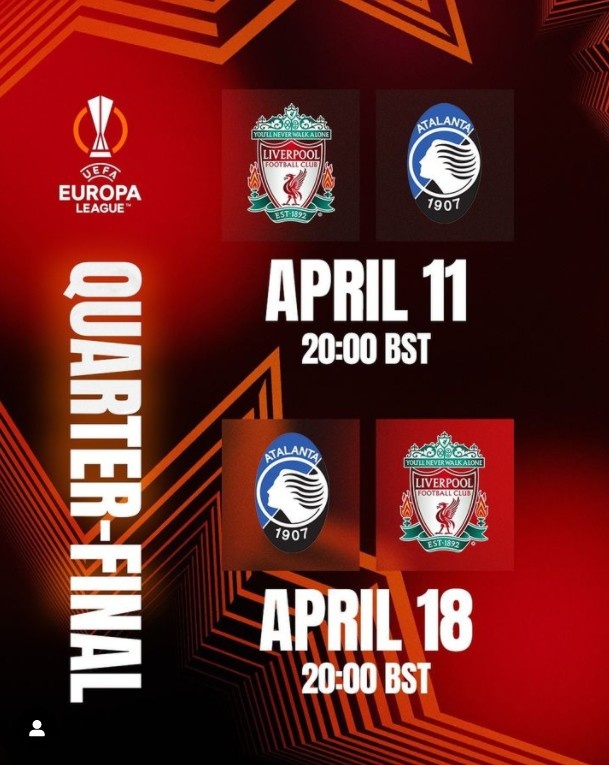 利物浦vs亚特兰大时间确定：首回合4月12日3点，次回合4月19日3点