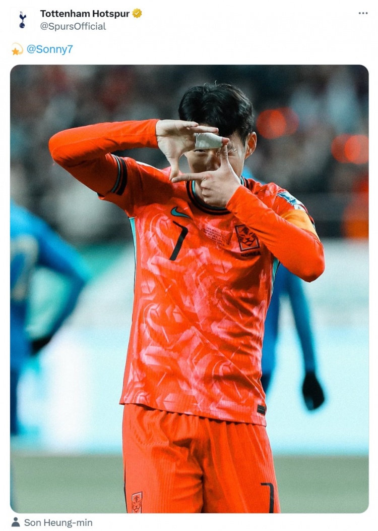 世预赛对阵泰国孙兴慜破门，热刺官方晒图表示祝贺