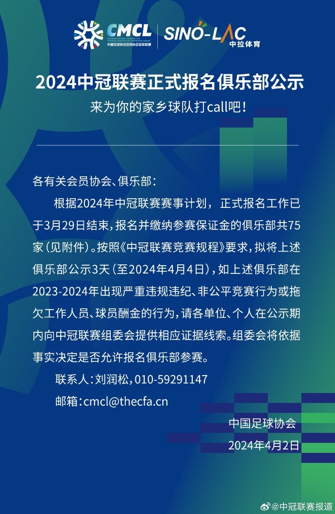 有你的家乡球队吗新赛季中冠报名工作结束,共75队报名