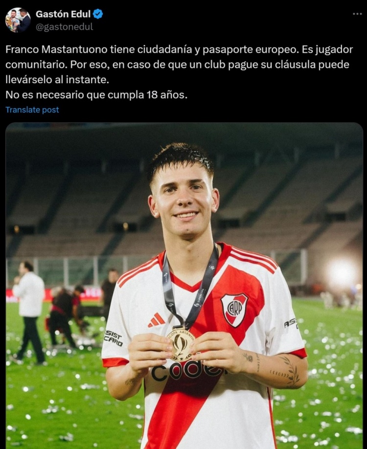 记者：多家欧洲队想签16岁阿根廷中场马斯坦托诺，可付解约金带走