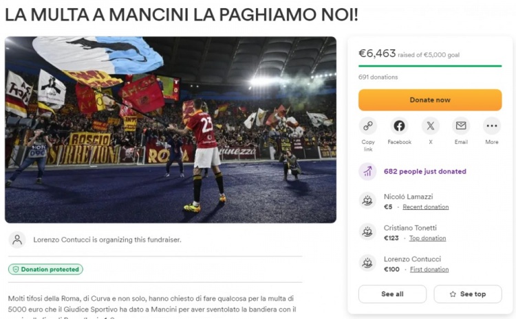 小曼奇尼挥舞拉齐奥老鼠旗帜被罚5000欧，罗马球迷众筹为他交罚款