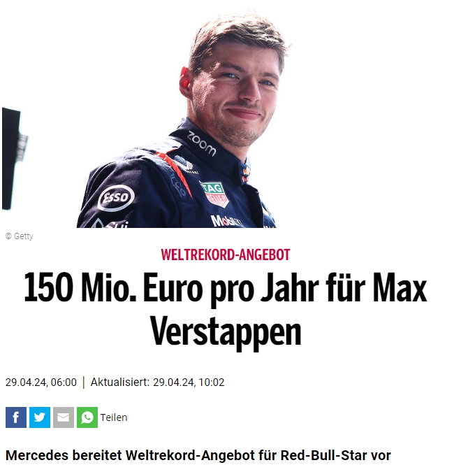 F1变天奥地利媒体：梅奔希望签维斯塔潘愿提供1.5亿创纪录薪资