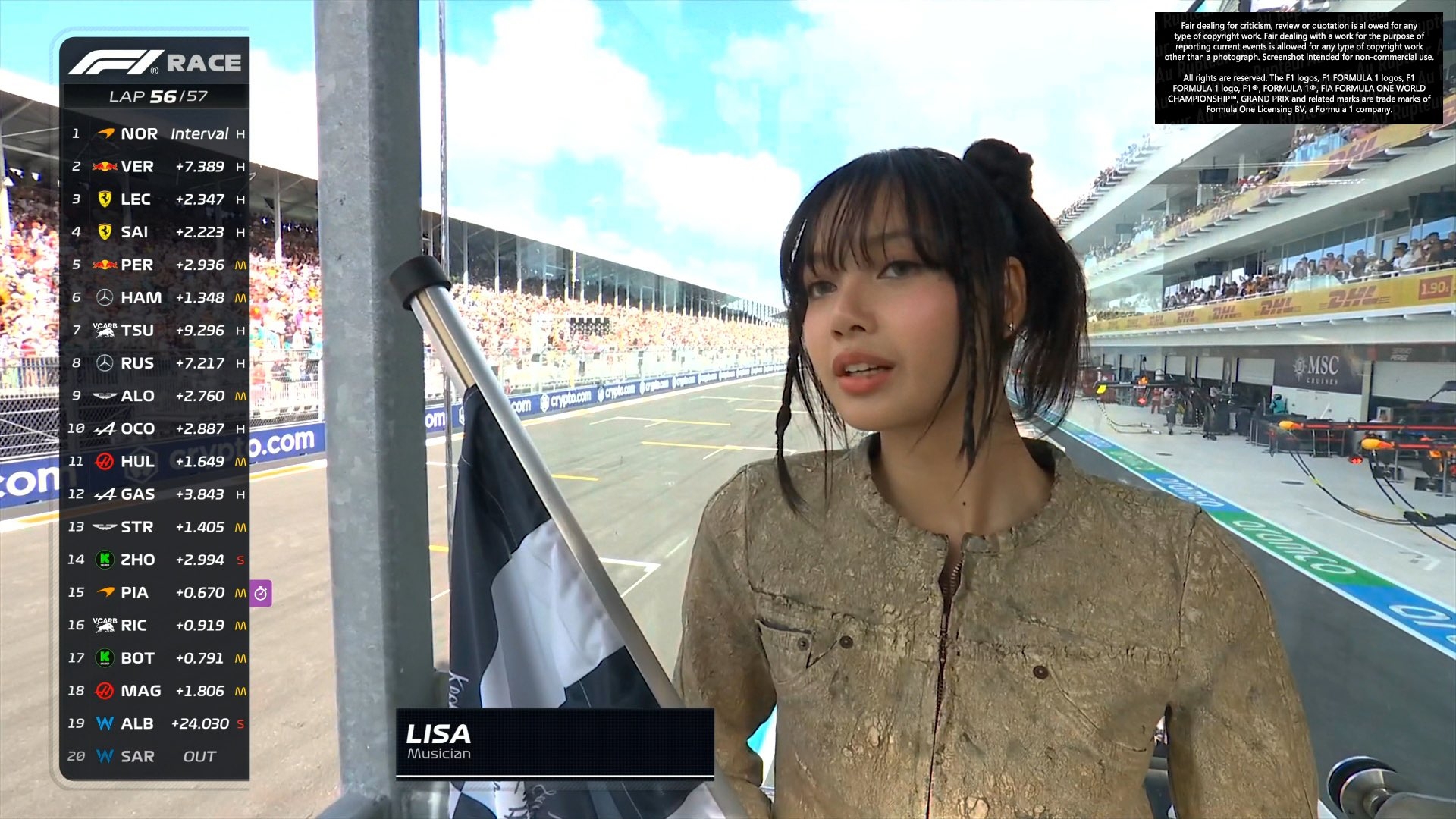 韩女团成员Lisa担任F1迈阿密站挥旗嘉宾