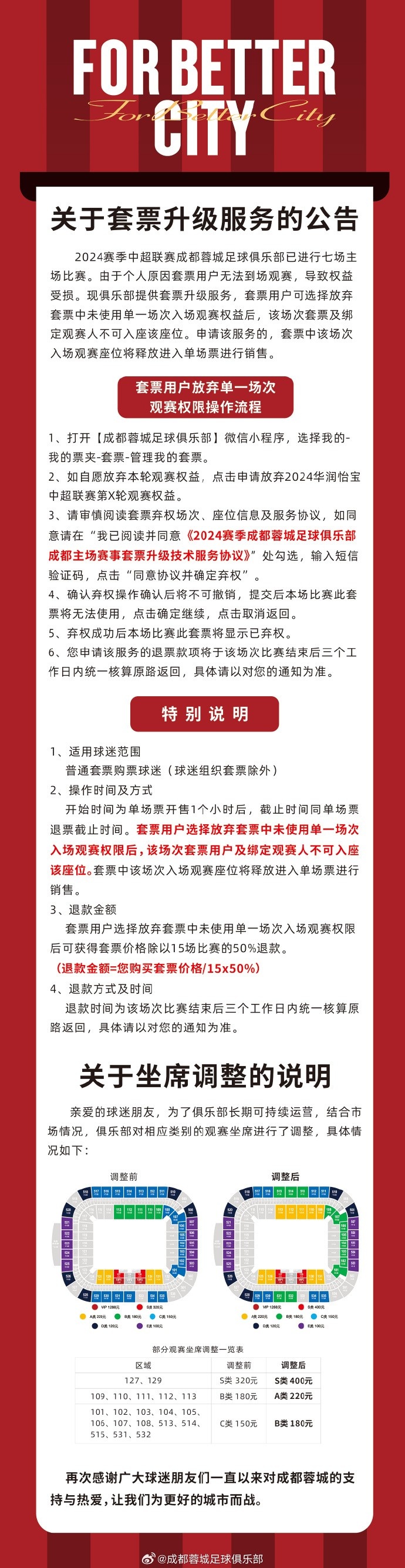 俱乐部对相应类别观赛坐席进行了调整，希望得到大家的理解与支持