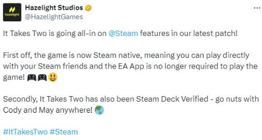 这就对了！《双人成行》可直接通过Steam启动无需再使用EA启动器
