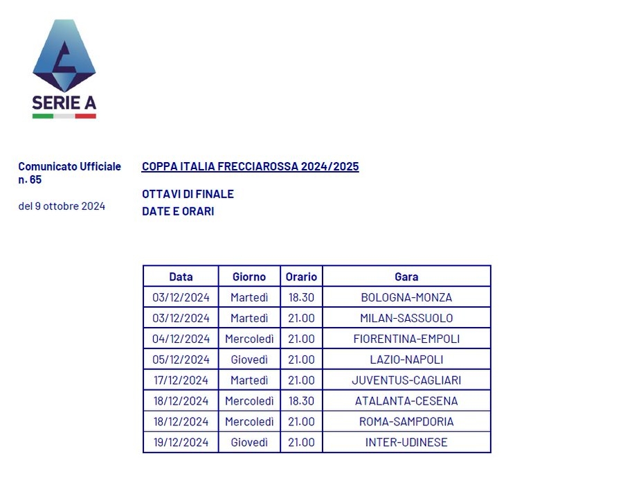 意杯18决赛赛程：米兰战萨索洛、尤文战卡利亚里、国米战乌鸡