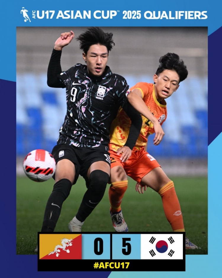 中国队同组对手！U17亚预赛：韩国50大胜不丹，10月27日中韩战