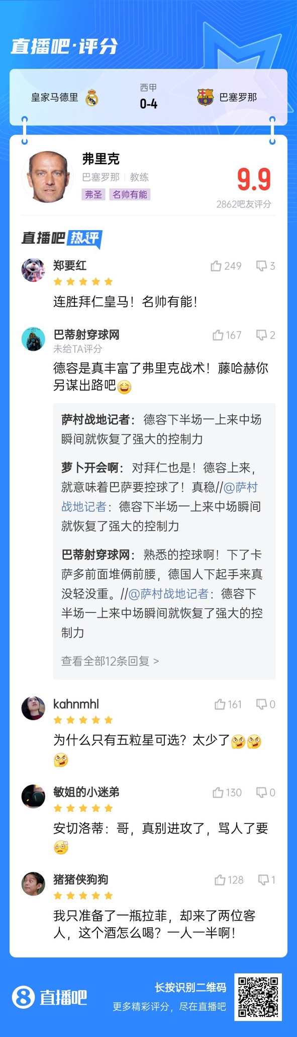 一瓶拉菲敬仁仰马翻！弗里克获吧友国家德比最高评分：9.9分！