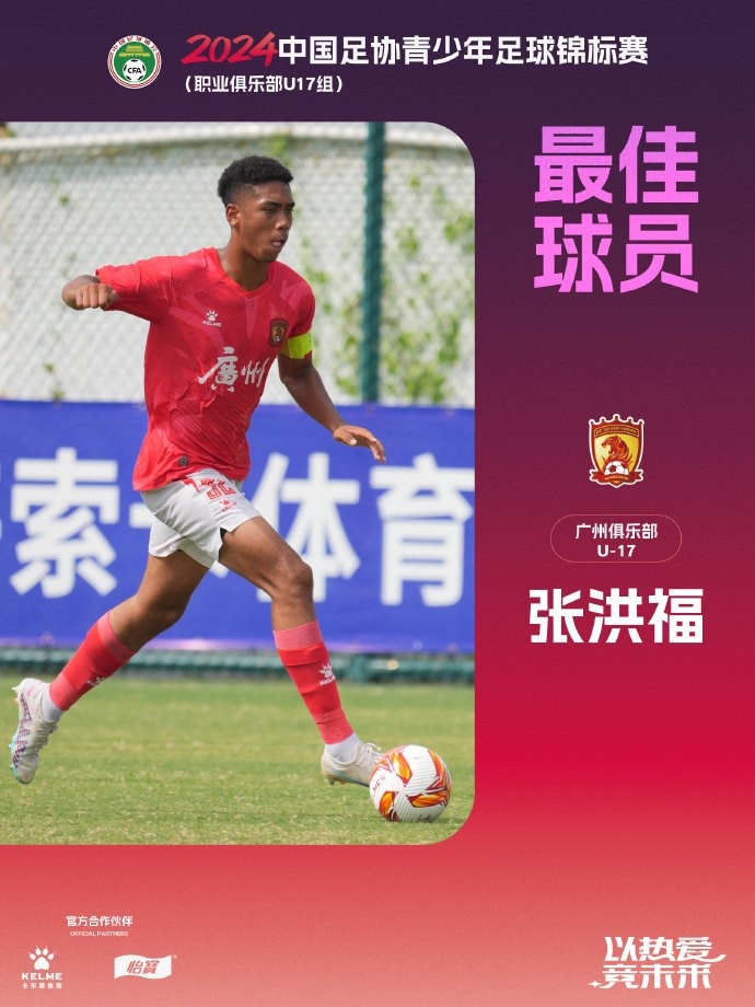 广州队球员张洪福当选青少年足球锦标赛俱乐部U17组最佳球员