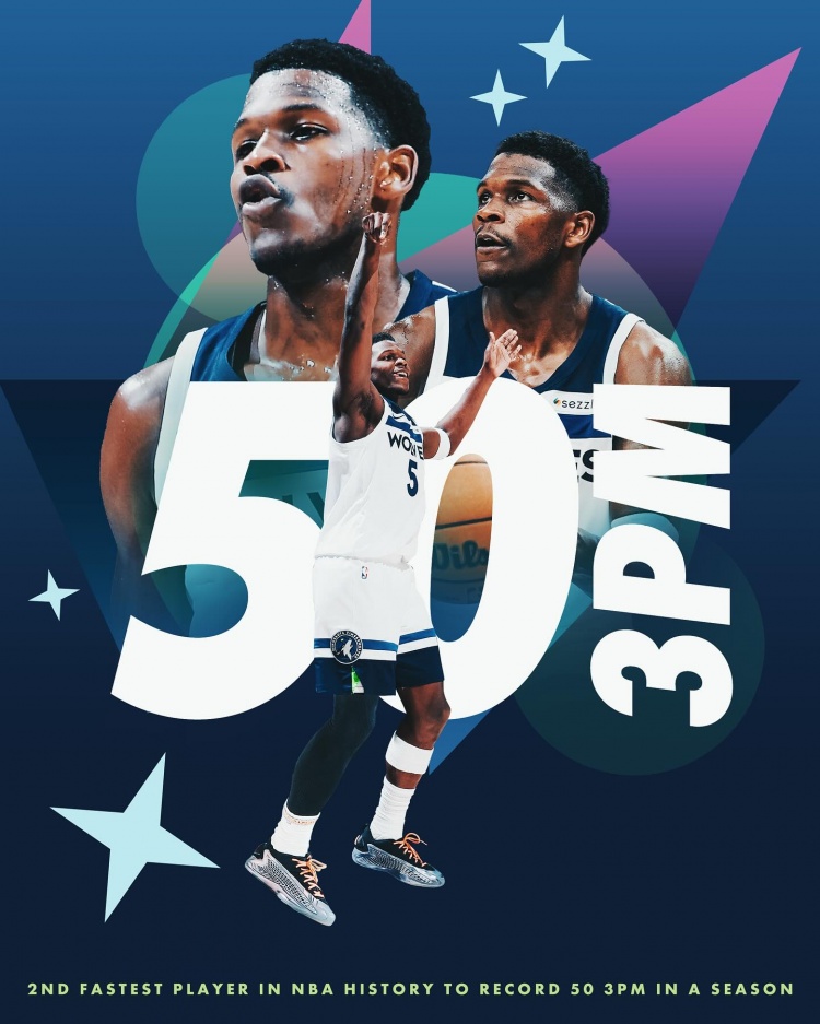 爱德华兹在本赛季前9场轰进了50记三分NBA历史第2快！