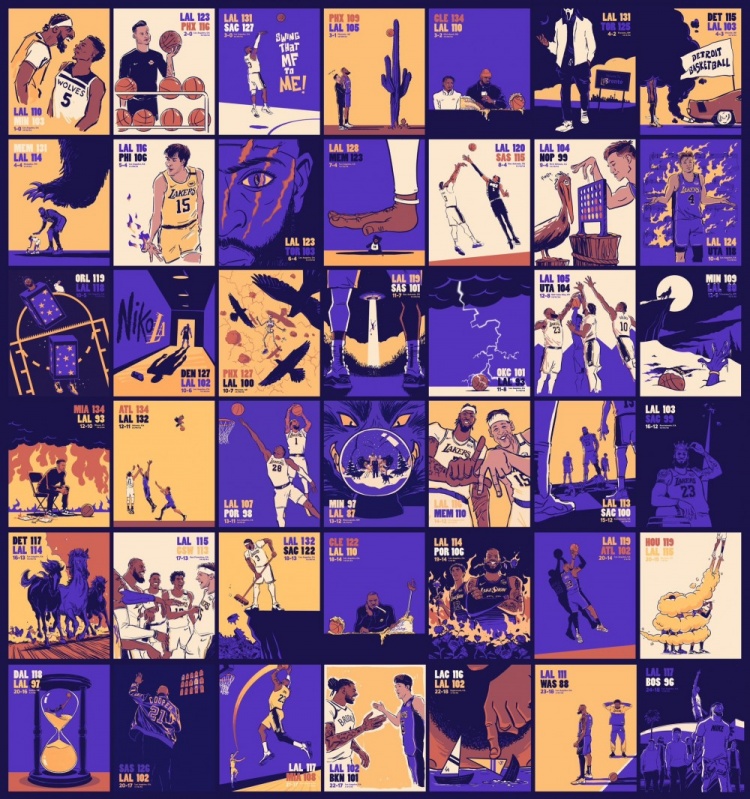 全是细节！著名插画师JackPerkins发布湖人半程42场比赛插画合集